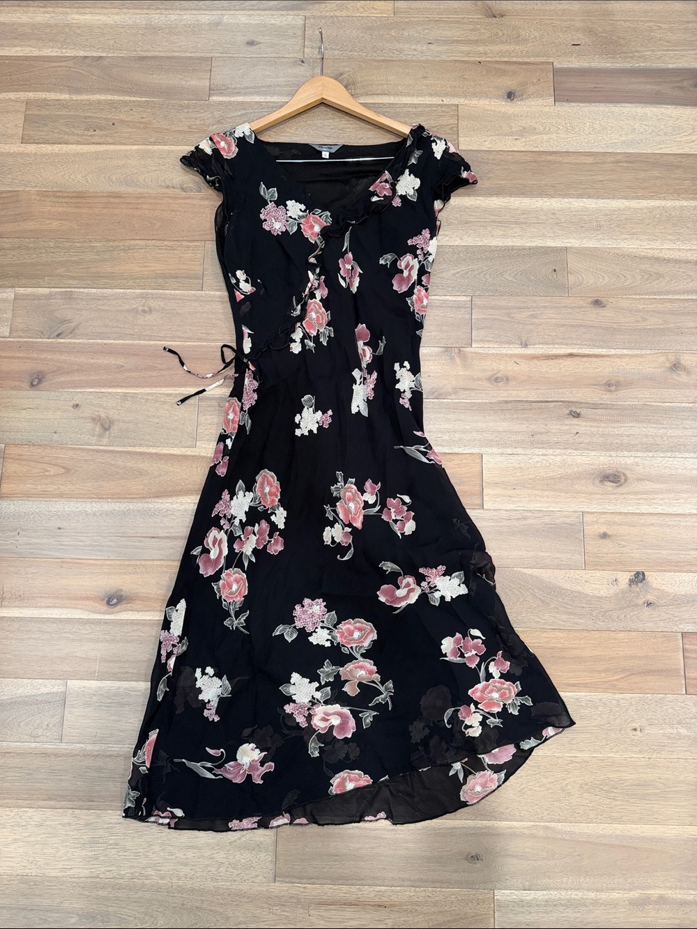 Black Floral Ruffle-Trim Midi Dress bias slip vintage y2k